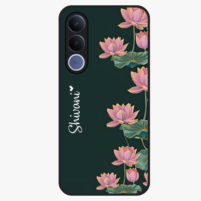 Lotus Bloom Serenity Custom Name Glass Case showing flat back view with elegant lotus flower artwork and personalized name design.
