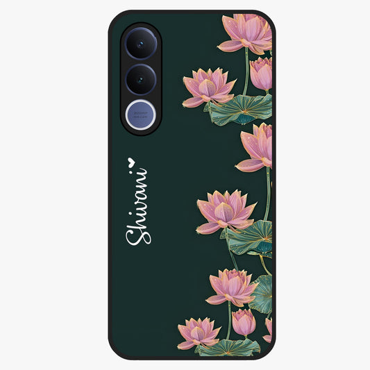 Lotus Bloom Serenity Custom Name Glass Case showing flat back view with elegant lotus flower artwork and personalized name design.