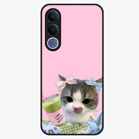 Love Matcha Cat Glass Case showing flat back view with cute cat and matcha themed artwork and glossy glass finish.