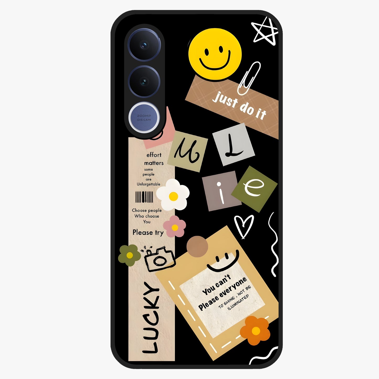 Lucky Aesthetic Collage Glass Case showing flat back view with trendy aesthetic collage artwork and glossy glass finish.