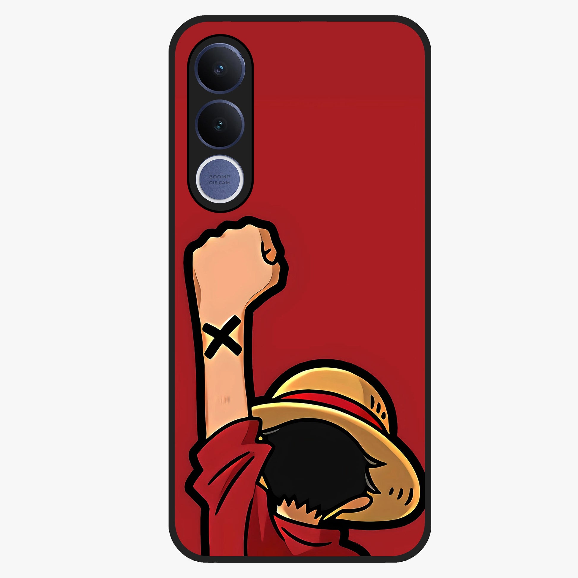 Luffy X Spirit Glass Case showing flat back view with bold anime character artwork and glossy glass finish.