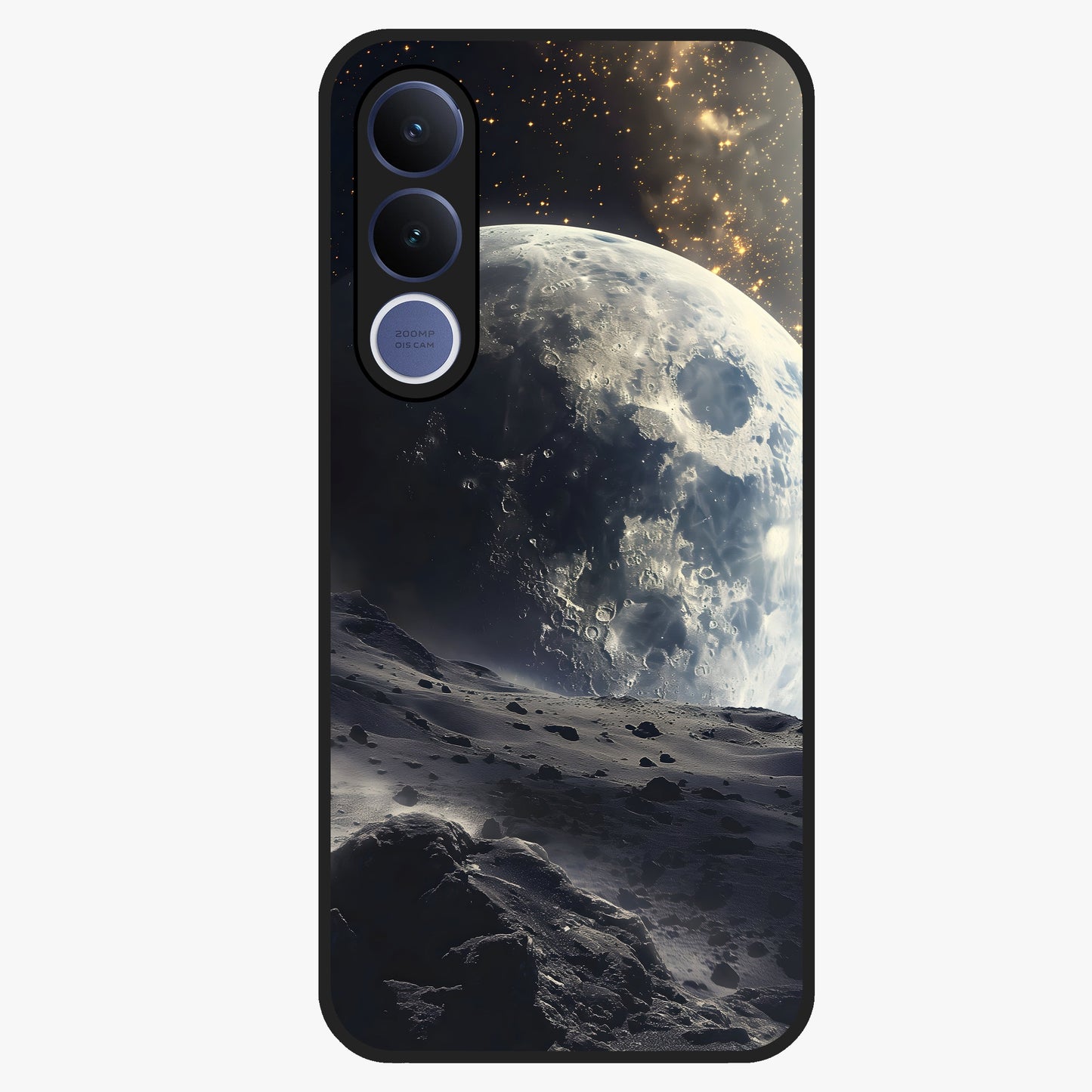 Lunar Horizon Glow Glass Case showing flat back view with glowing moon horizon artwork and glossy glass finish.
