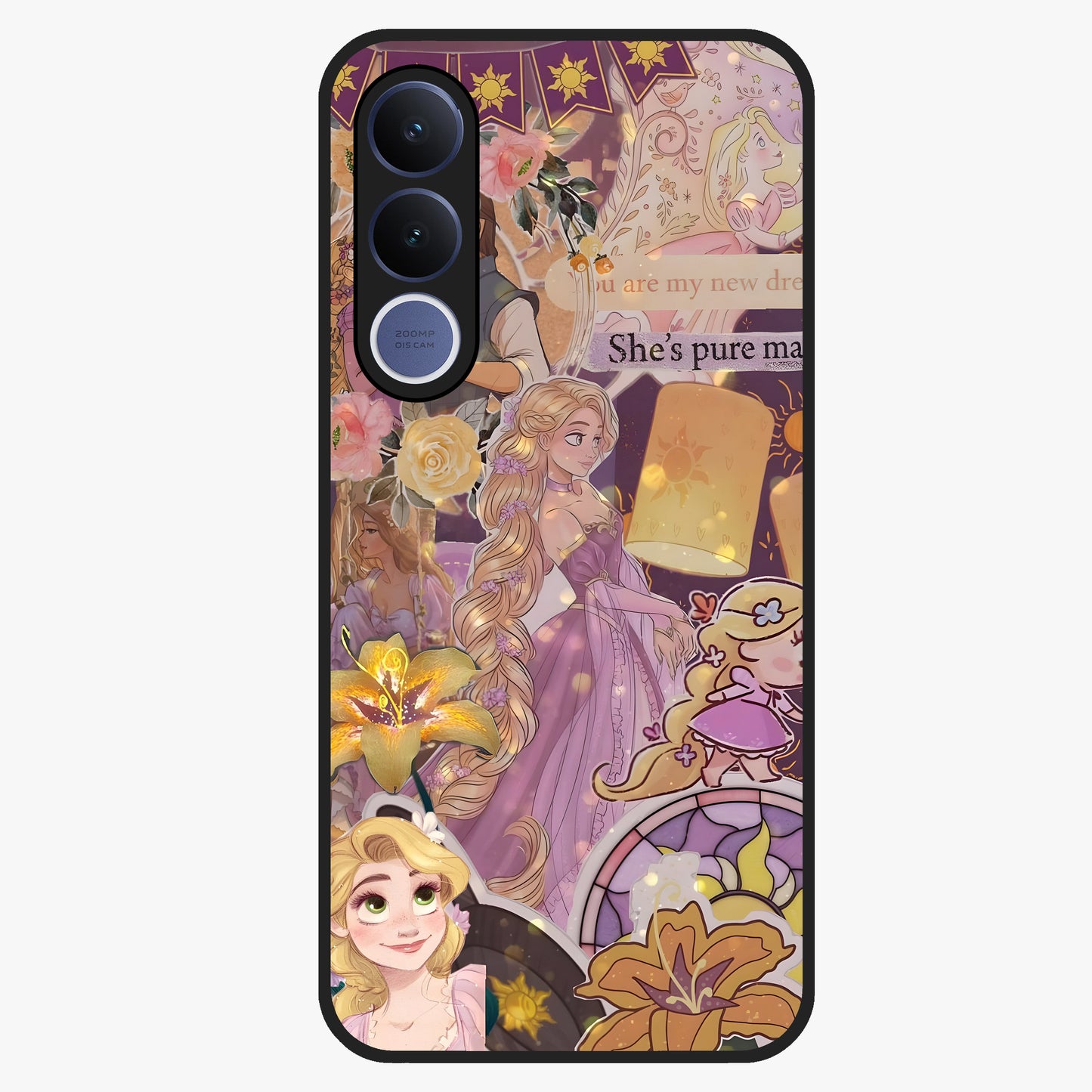 Magical Tangled Dream Glass Case showing flat back view with dreamy tangled artwork and glossy glass finish.