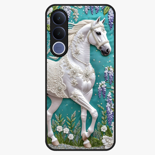 Majestic Floral Stallion Glass Case showing flat back view with powerful horse and floral artwork and glossy glass finish.