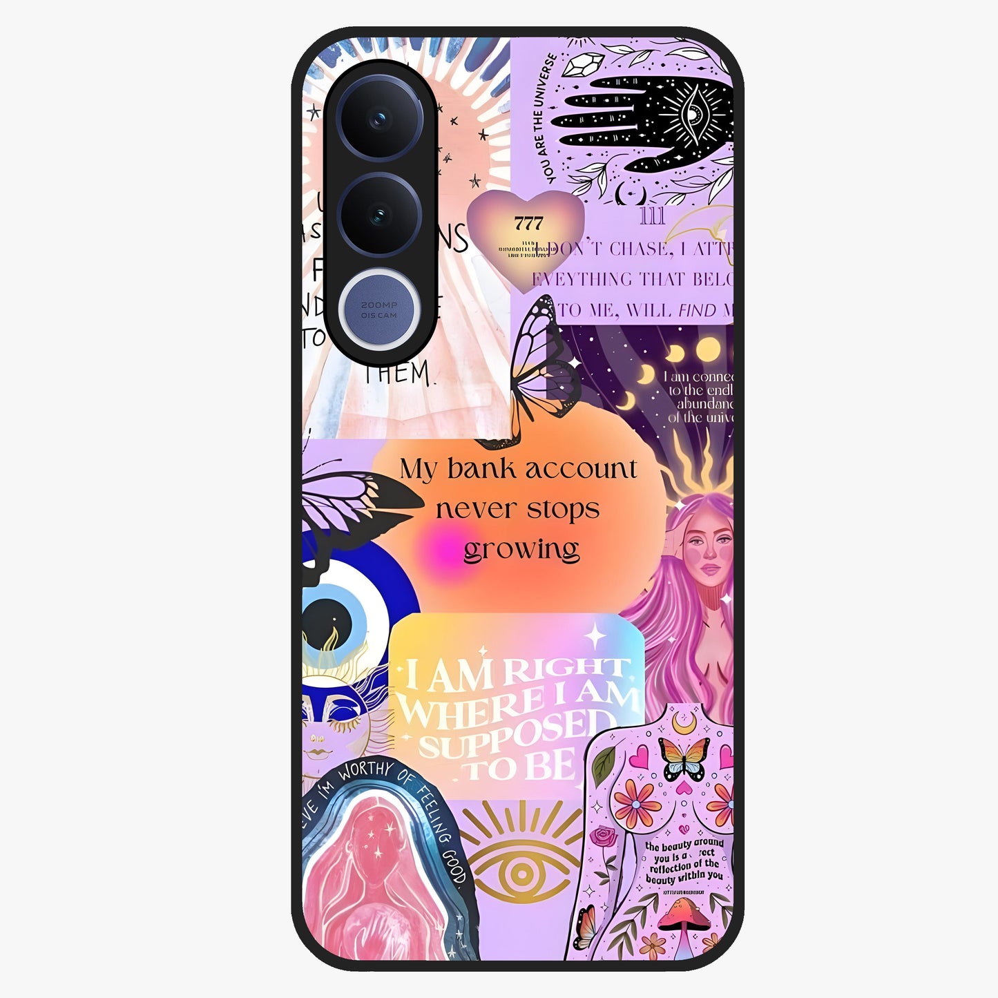 Manifestation Collage Glass Case showing flat back view with motivational collage artwork and glossy glass finish.