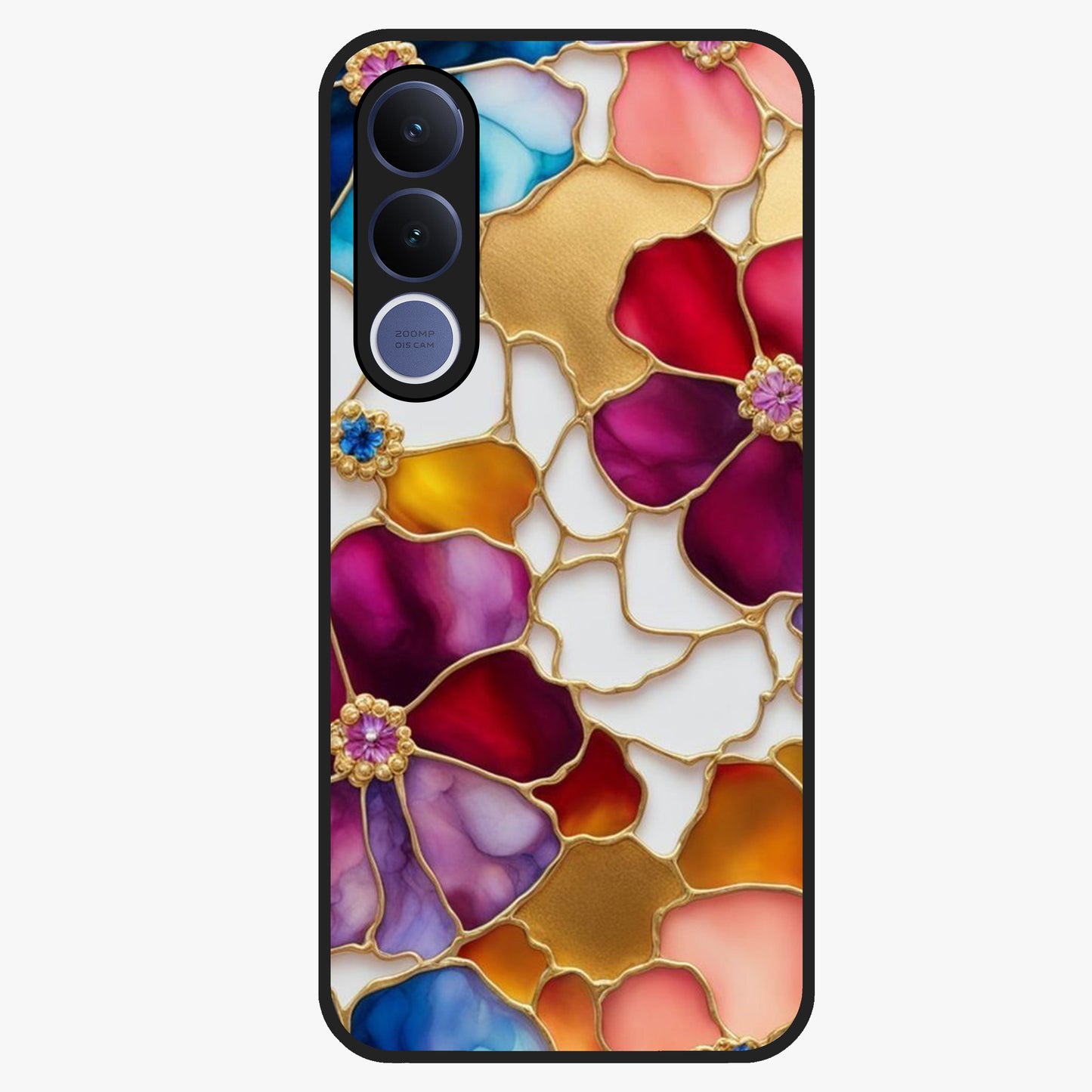 Marble Flower Pattern Glass Case showing flat back view with marble texture floral artwork and glossy glass finish.