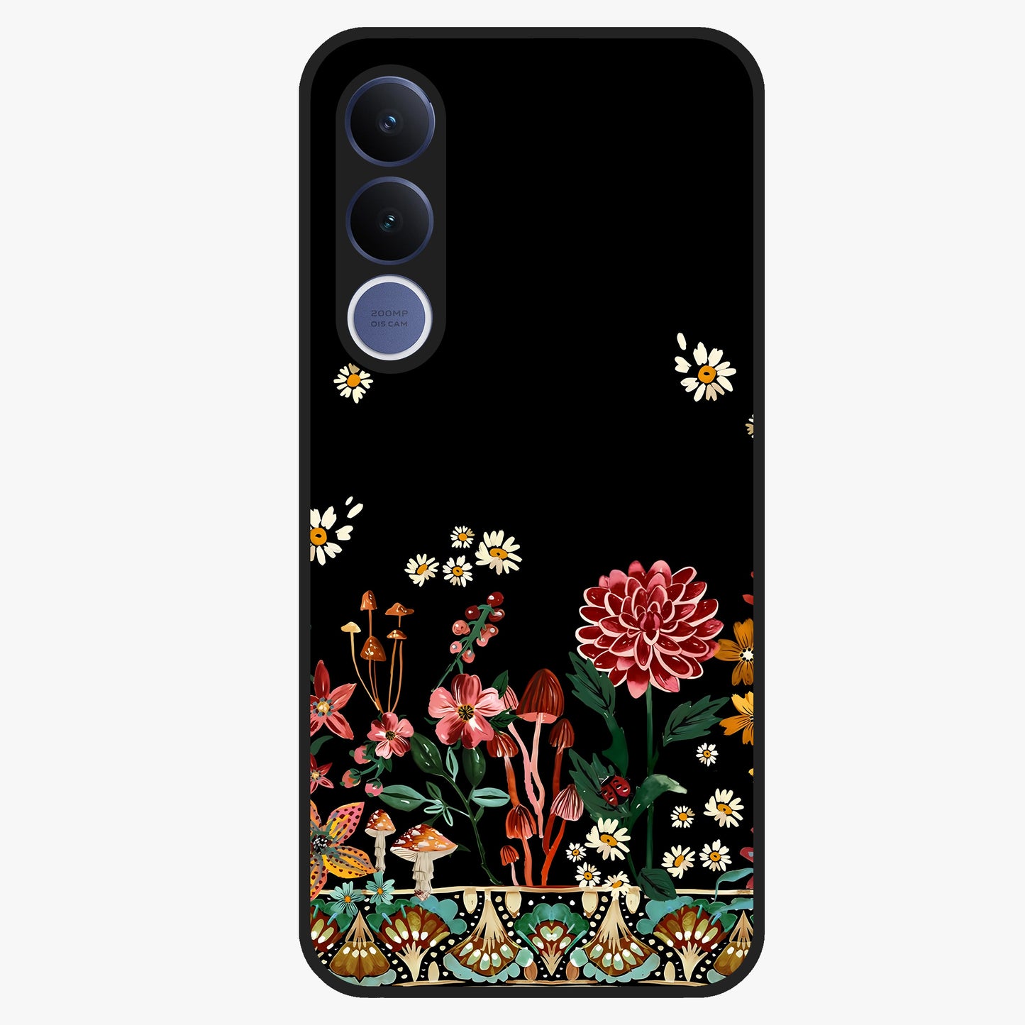 Midnight Bloom Pattern Glass Case showing flat back view with dark floral pattern artwork and glossy glass finish.