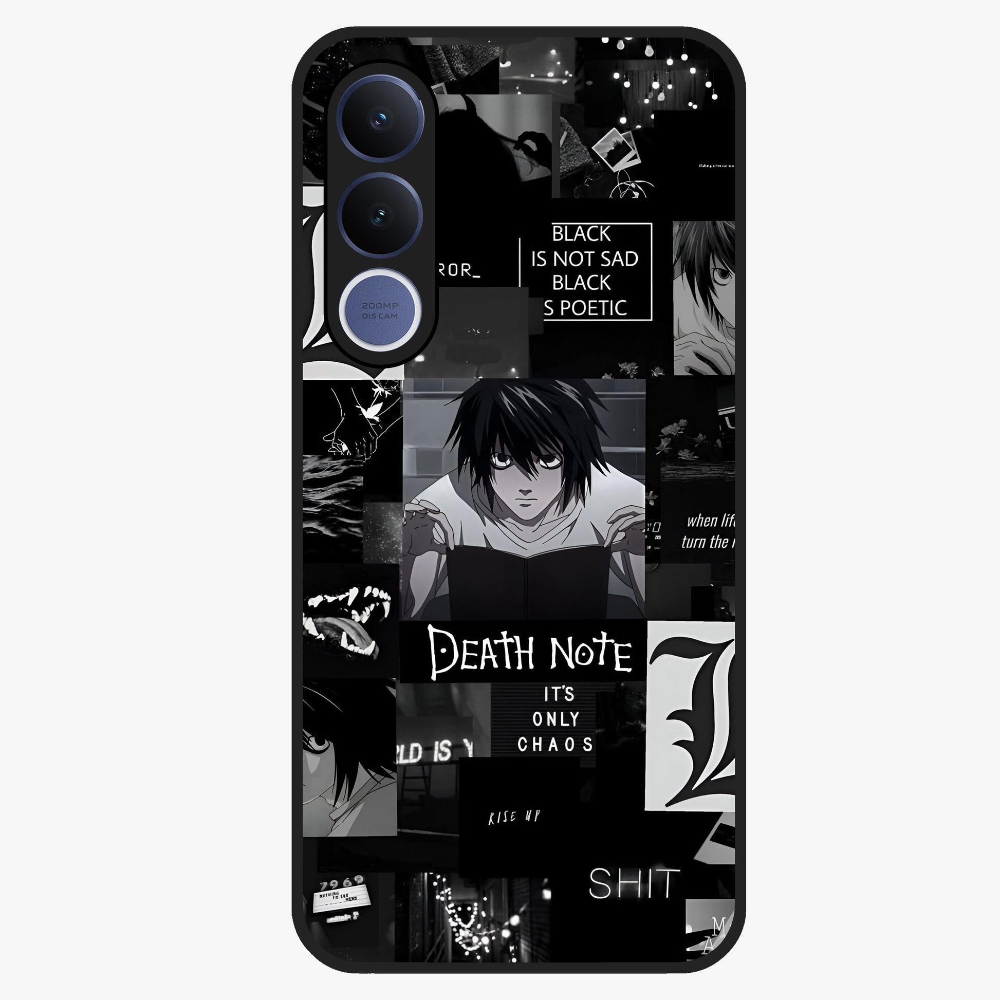 Midnight Chaos Mind Glass Case showing flat back view with abstract dark themed artwork and glossy glass finish.