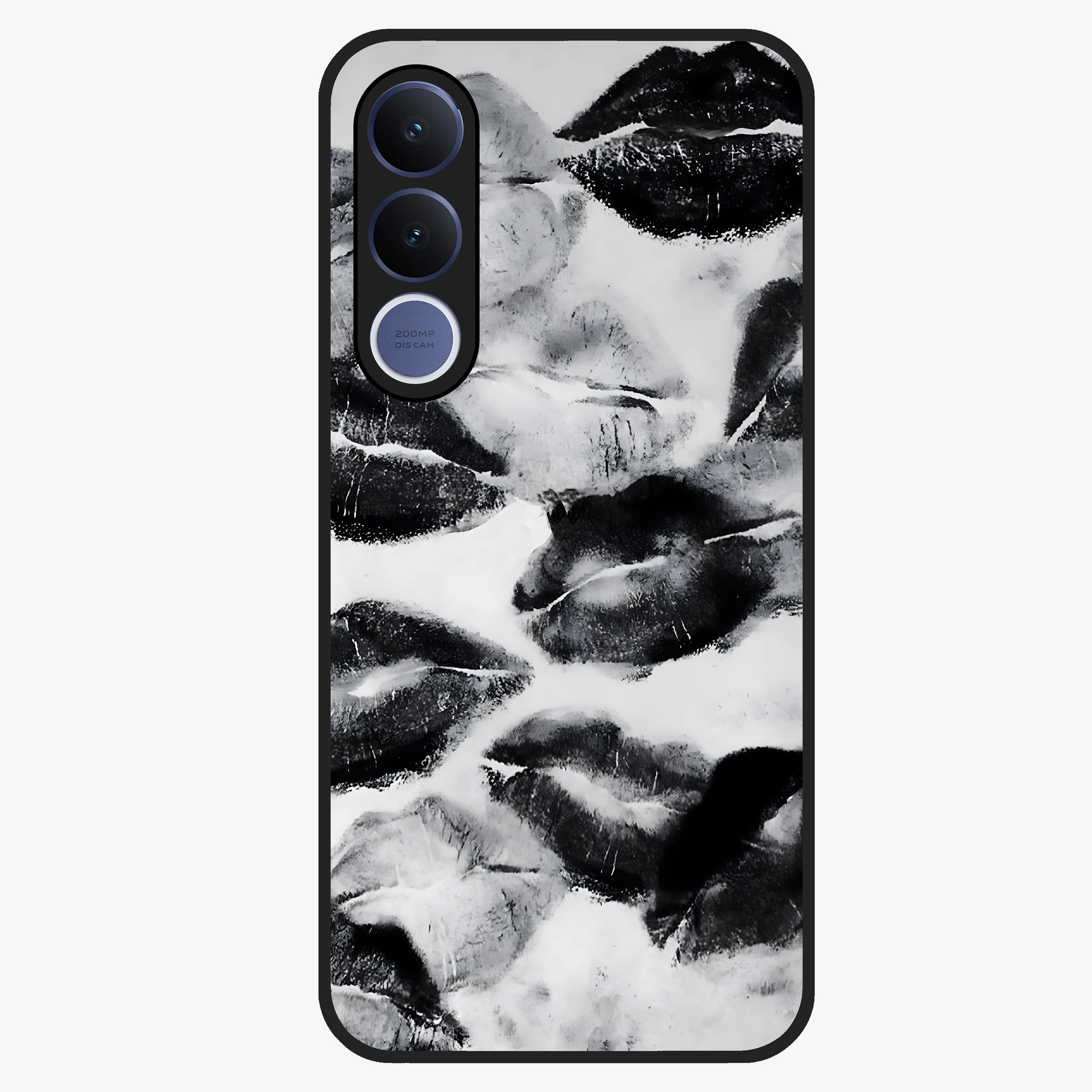 Midnight Kiss Marks Glass Case showing flat back view with lipstick kiss mark artwork and glossy glass finish.