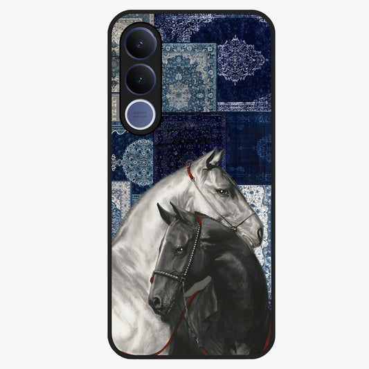 Midnight Stallion Blues Glass Case showing flat back view with majestic horse artwork and glossy glass finish.