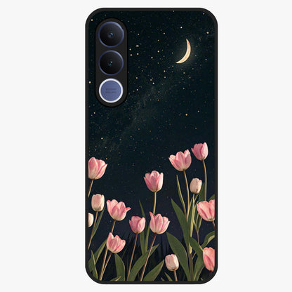 Midnight Tulip Whispers Vibe Glass Case showing flat back view with elegant tulip flower artwork and glossy glass finish.