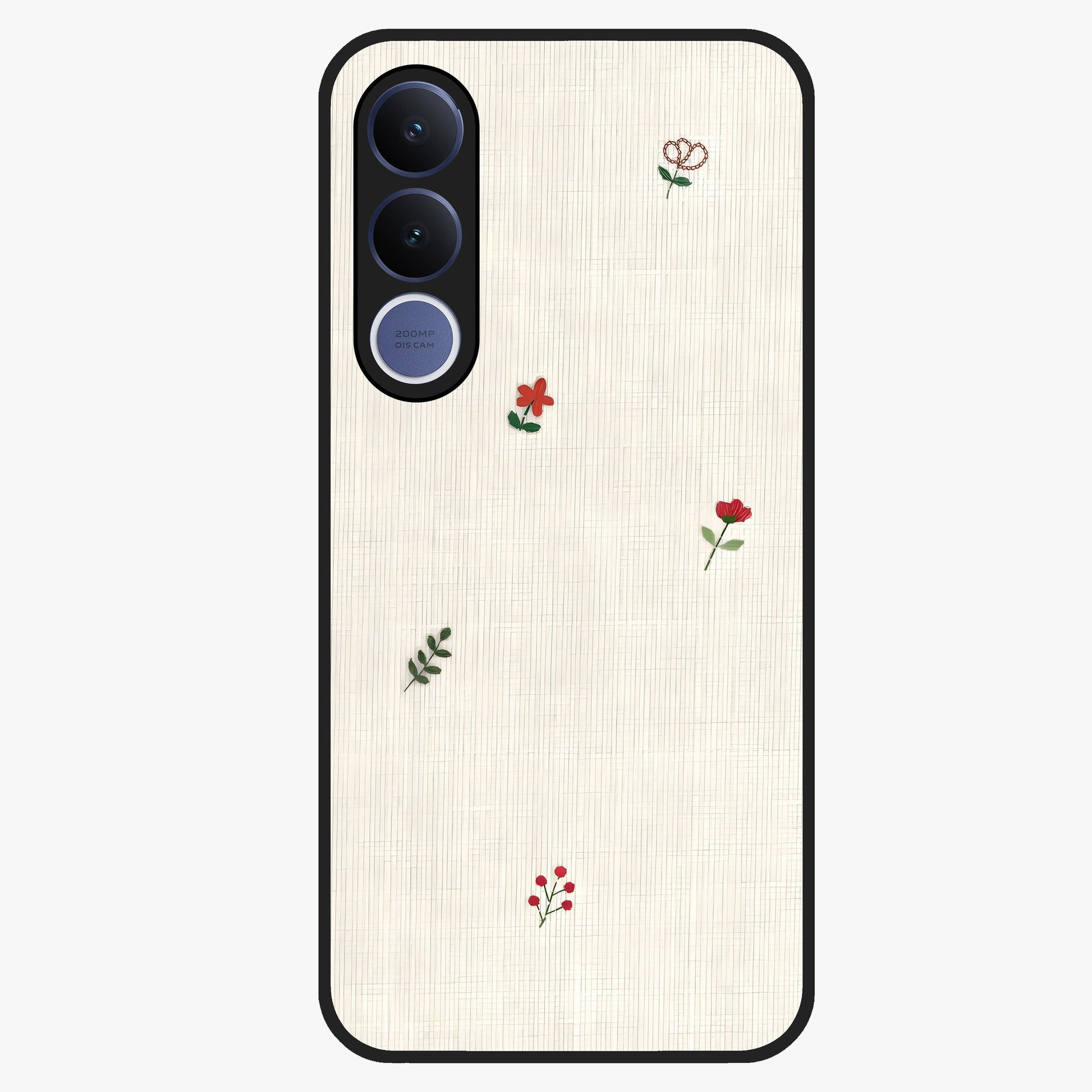 Minimal Petal Whispers Glass Case showing flat back view with soft minimal floral artwork and glossy glass finish.