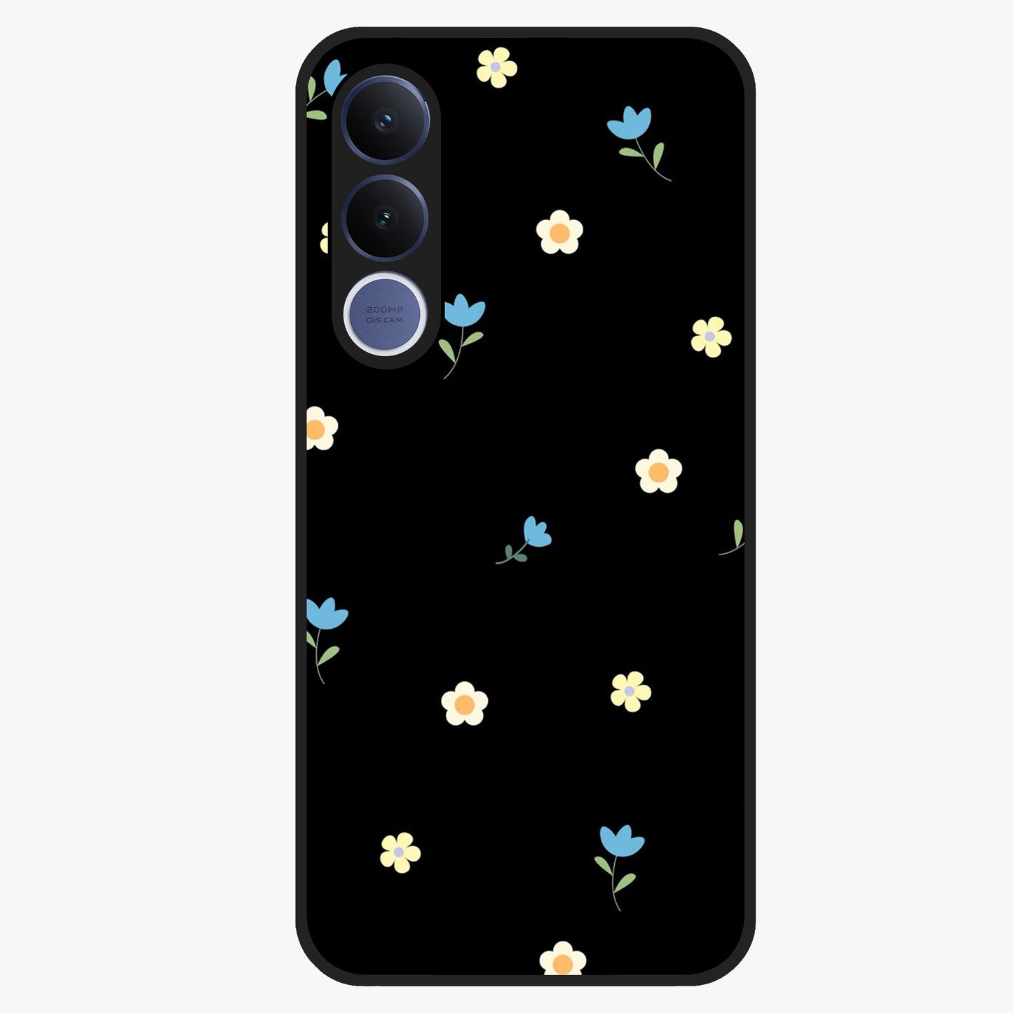 Minimalistic Blue With White Flower Pattern Glass Case showing flat back view with blue background and white flower pattern and glossy glass finish.