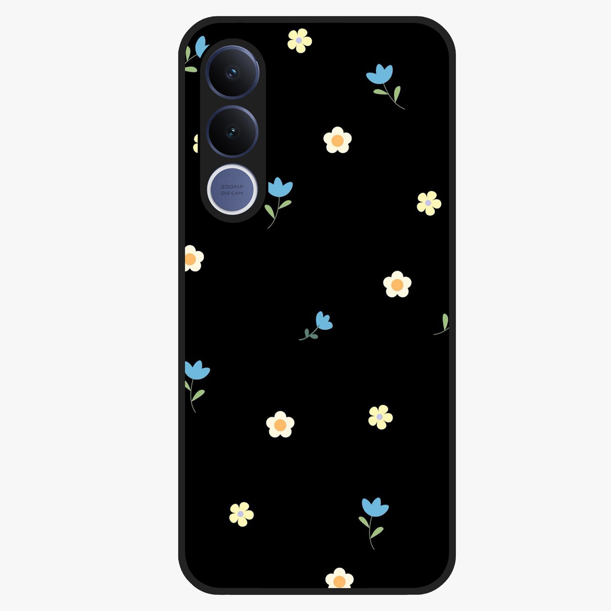 Minimalistic Blue With White Flower Pattern Glass Case showing flat back view with blue background and white flower pattern and glossy glass finish.