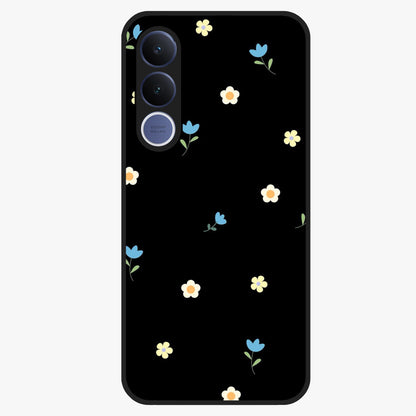 Minimalistic Blue With White Flower Pattern Glass Case showing flat back view with blue background and white flower pattern and glossy glass finish.
