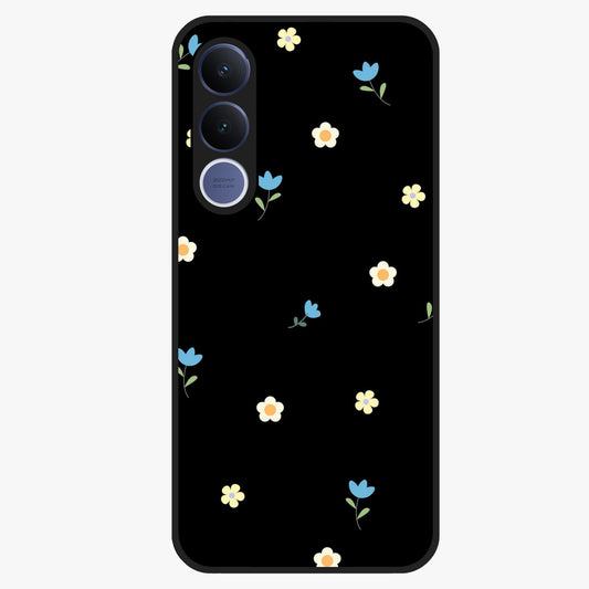 Minimalistic Blue With White Flower Pattern Glass Case showing flat back view with blue background and white flower pattern and glossy glass finish.
