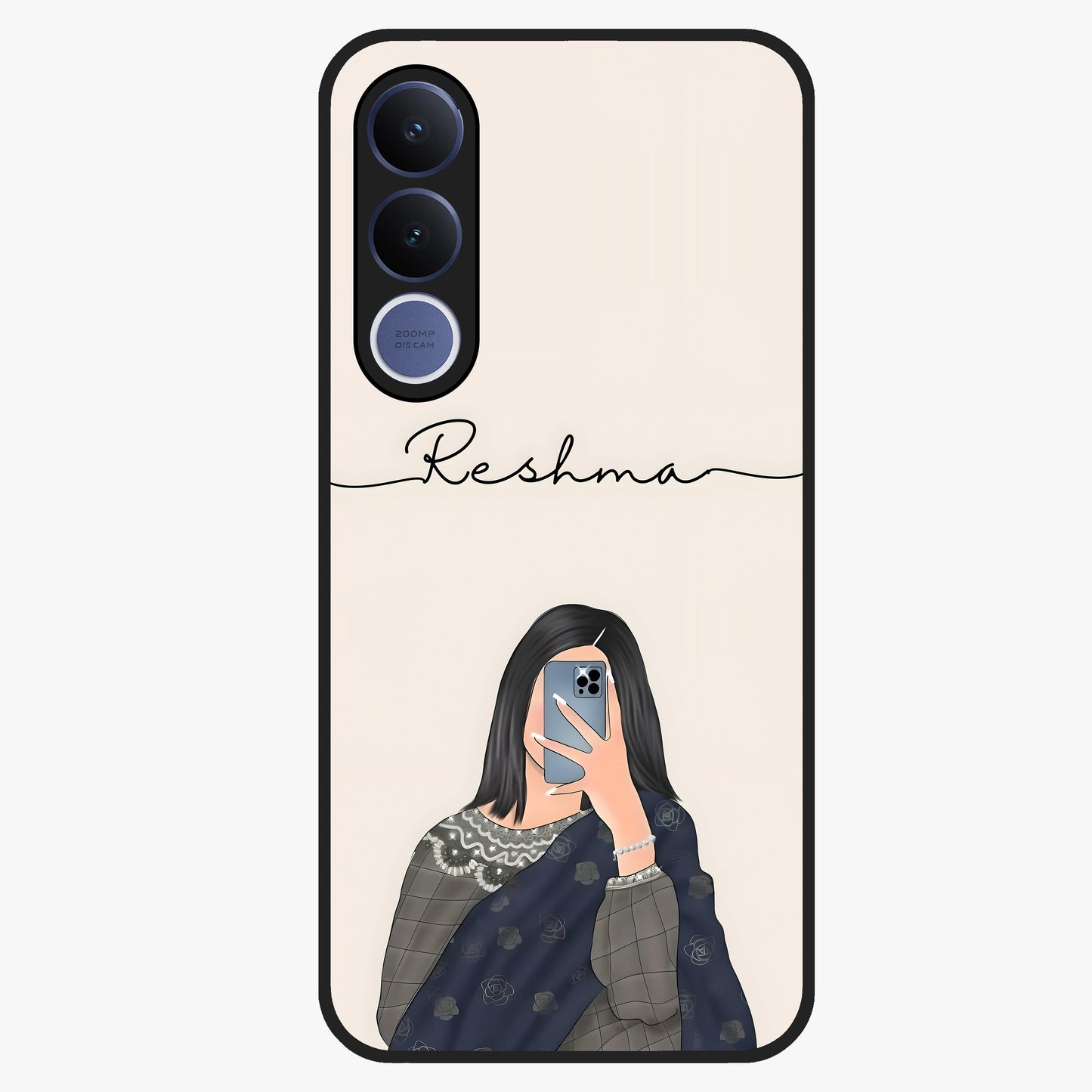 Mirror Mood Muse With Custom Name Glass Case showing flat back view with stylish mirrored artwork and personalized name design.