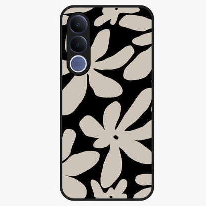 Monochrome Petal Dance Glass Case showing flat back view with monochrome floral artwork and glossy glass finish.