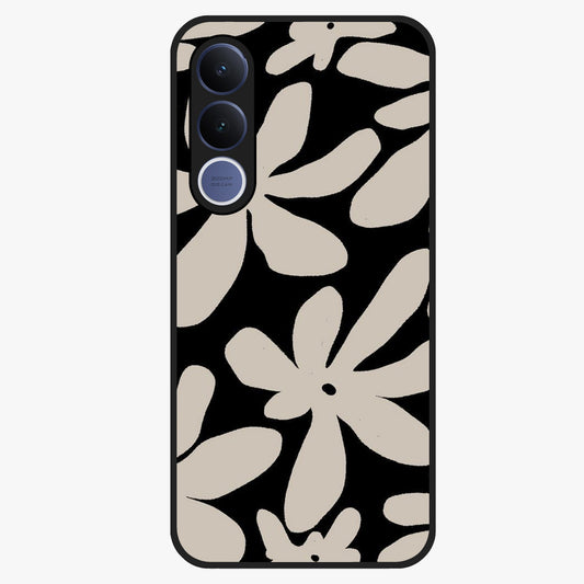 Monochrome Petal Dance Glass Case showing flat back view with monochrome floral artwork and glossy glass finish.