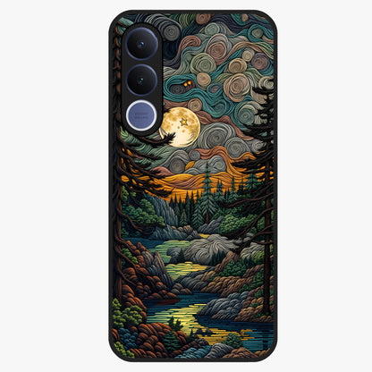Moonlight Forest Dream Glass Case showing flat back view with mystical forest moonlight artwork and glossy glass finish.