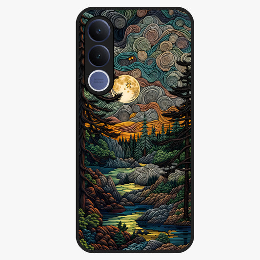 Moonlight Forest Dream Glass Case showing flat back view with mystical forest moonlight artwork and glossy glass finish.