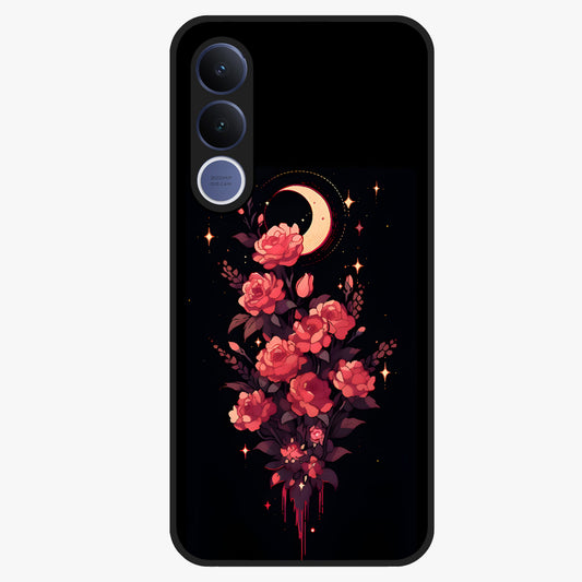 Moonlit Floral Elegance Glass Case showing flat back view with elegant floral artwork under moonlit tones and glossy glass finish.
