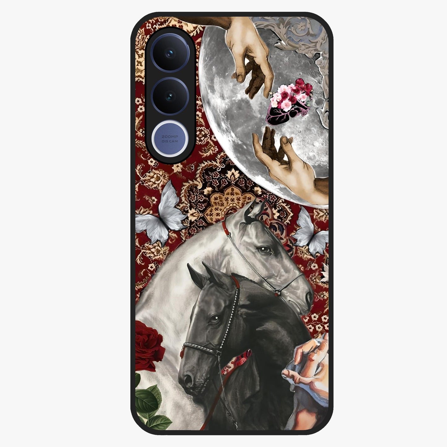 Moonlit Royal Stallion Glass Case showing flat back view with majestic horse under moonlight artwork and glossy glass finish.
