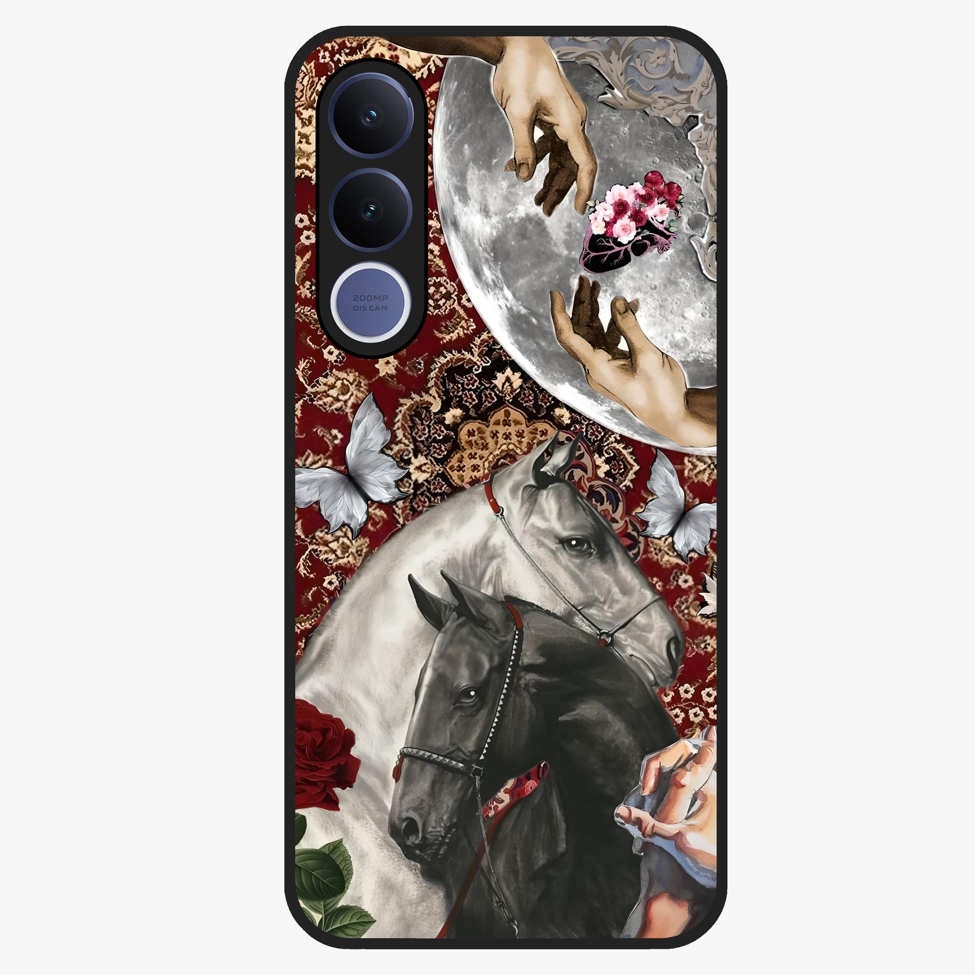 Moonlit Royal Stallion Glass Case showing flat back view with majestic horse under moonlight artwork and glossy glass finish.