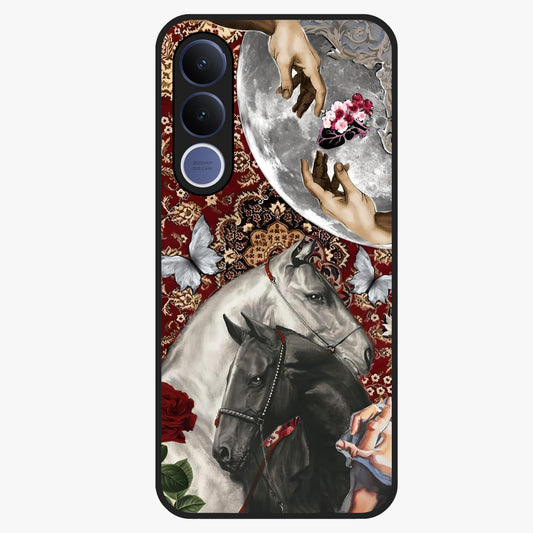 Moonlit Royal Stallion Glass Case showing flat back view with majestic horse under moonlight artwork and glossy glass finish.