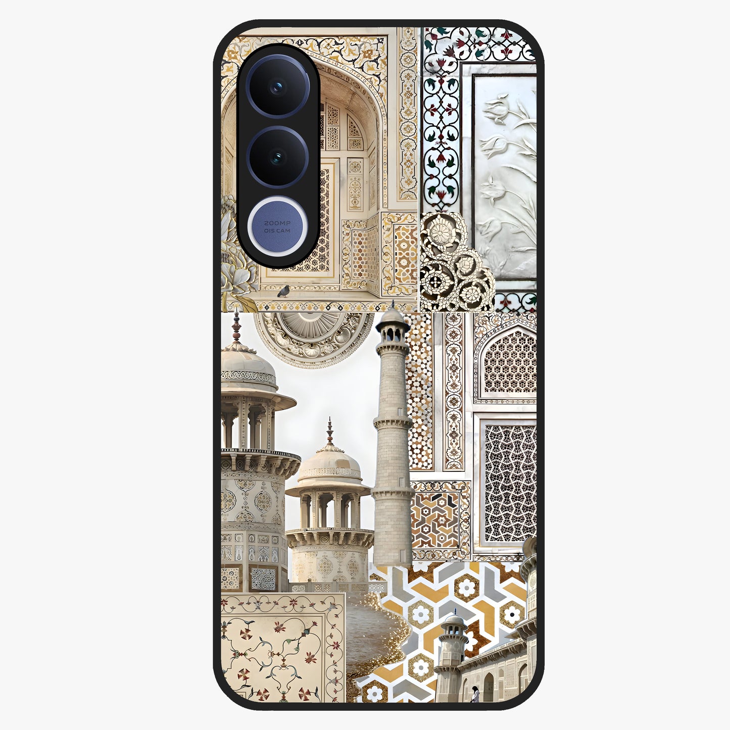 Mughal Marble Legacy Glass Case showing flat back view with intricate Mughal inspired marble pattern and glossy glass finish.