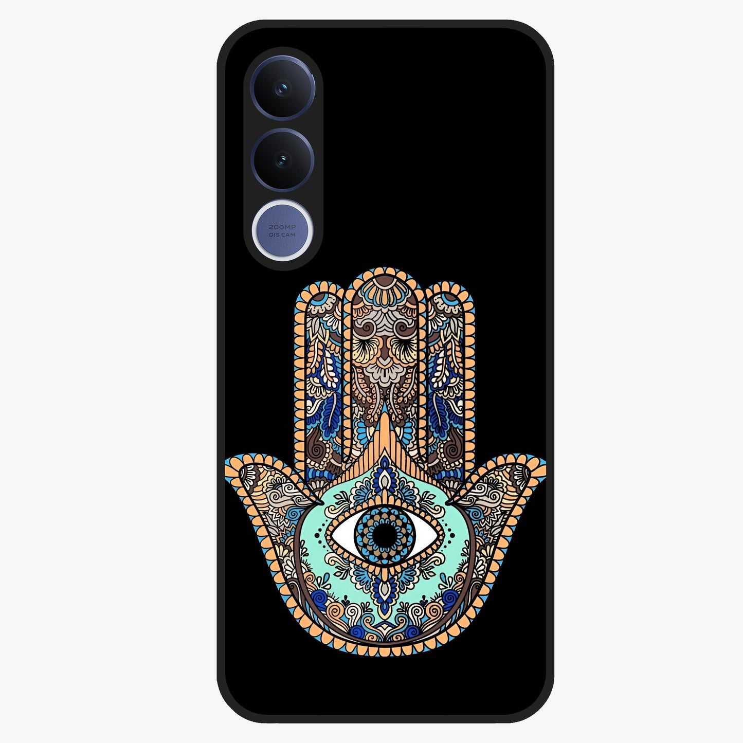 Mystic Hamsa Eye Glass Case showing flat back view with protective hamsa hand and evil eye artwork and glossy glass finish.