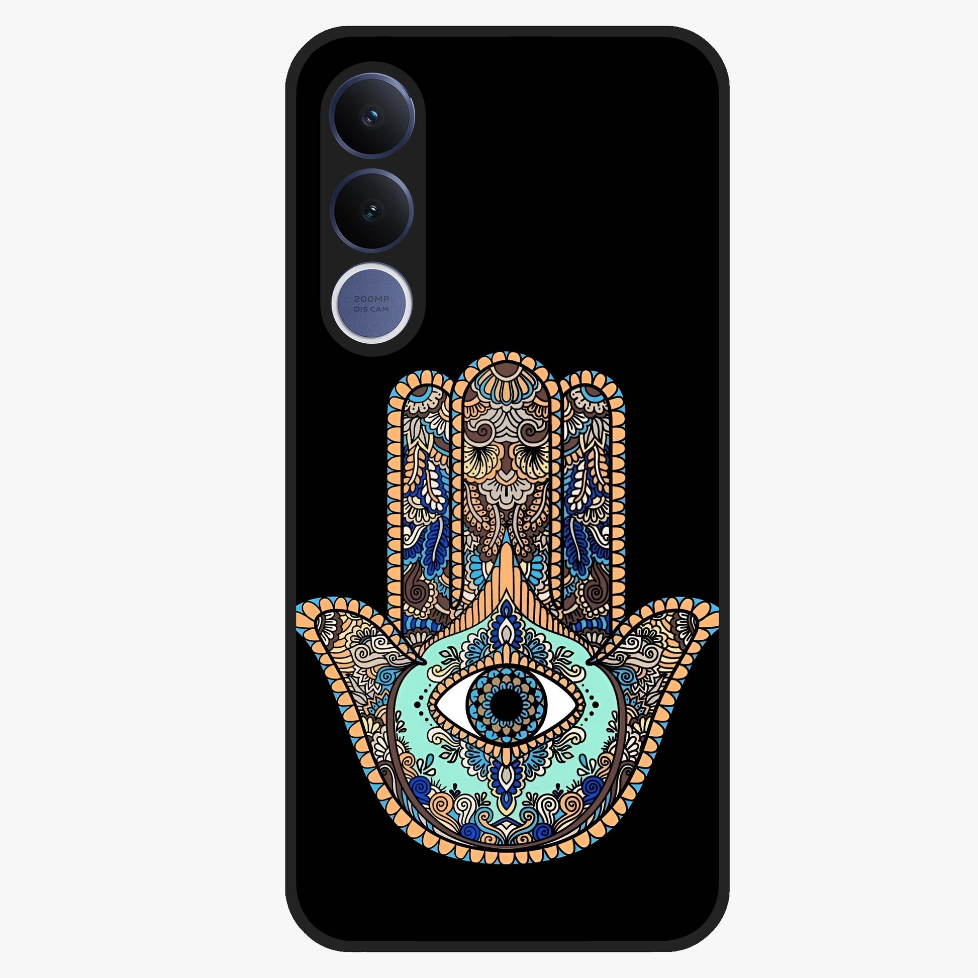 Mystic Hamsa Eye Glass Case showing flat back view with protective hamsa hand and evil eye artwork and glossy glass finish.