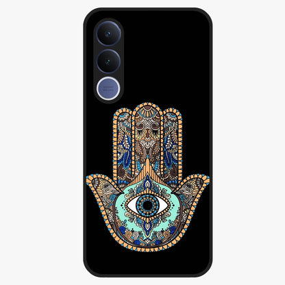 Mystic Hamsa Eye Glass Case showing flat back view with protective hamsa hand and evil eye artwork and glossy glass finish.