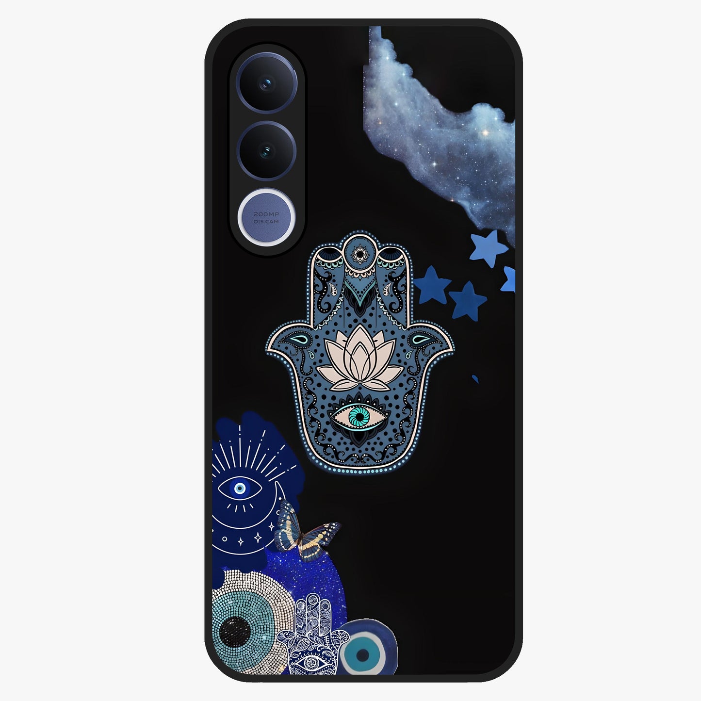Mystic Hand Aura Glass Case showing flat back view with mystical hand symbol artwork and glossy glass finish.