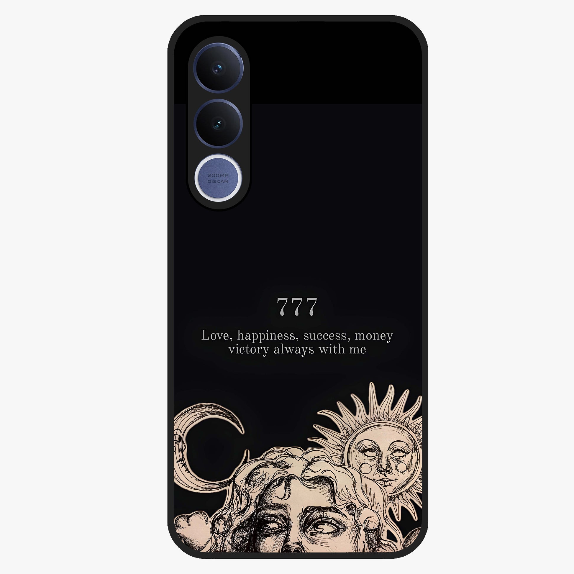 Mystic Victory Aura Glass Case showing flat back view with victory symbol artwork and glossy glass finish.