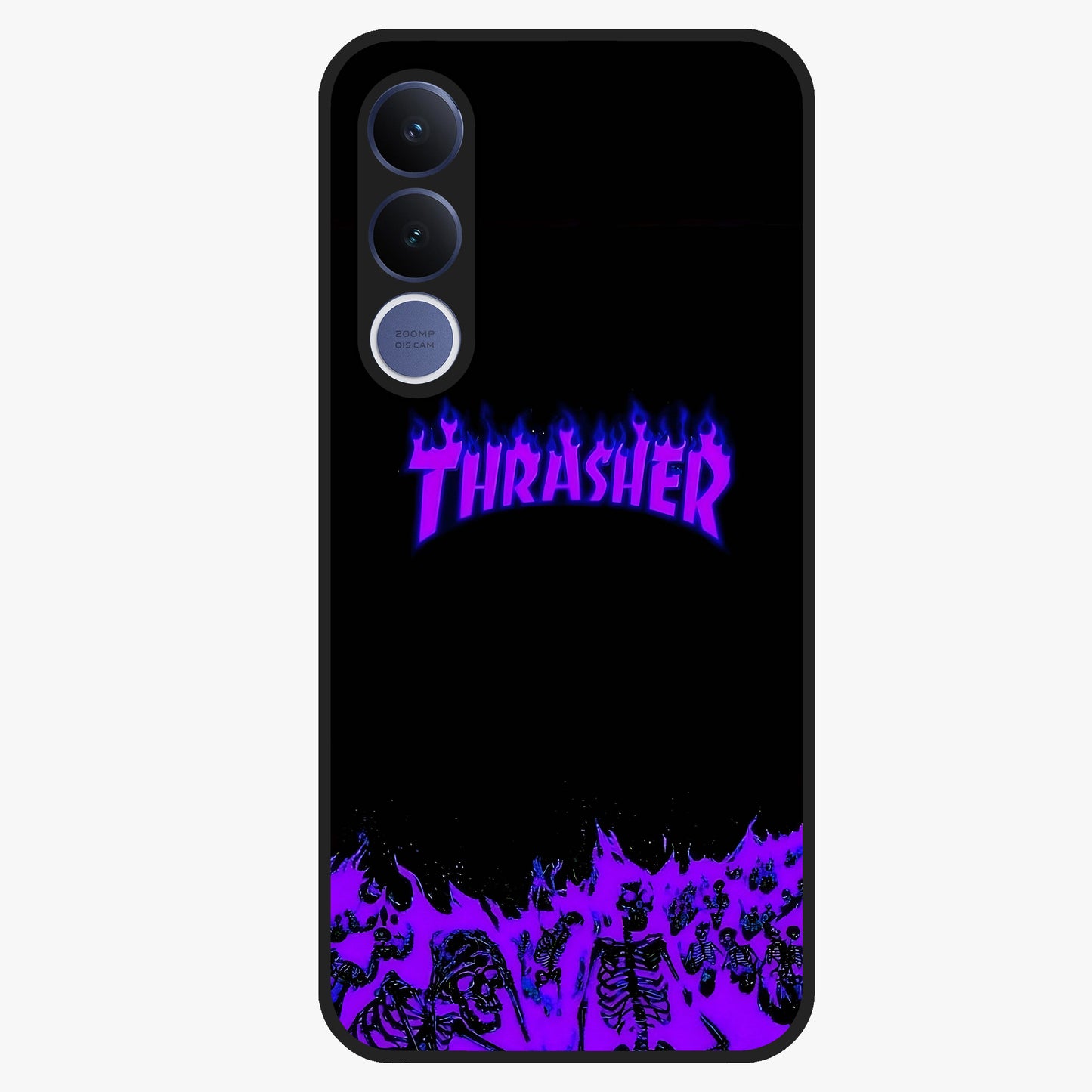 Neon Flame Riot Glass Case showing flat back view with neon flame artwork and glossy glass finish.