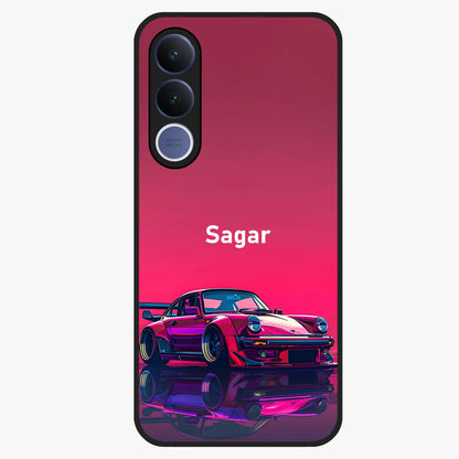 Neon Pink Porsche Glass Case showing flat back view with stylish sports car artwork and glossy glass finish.