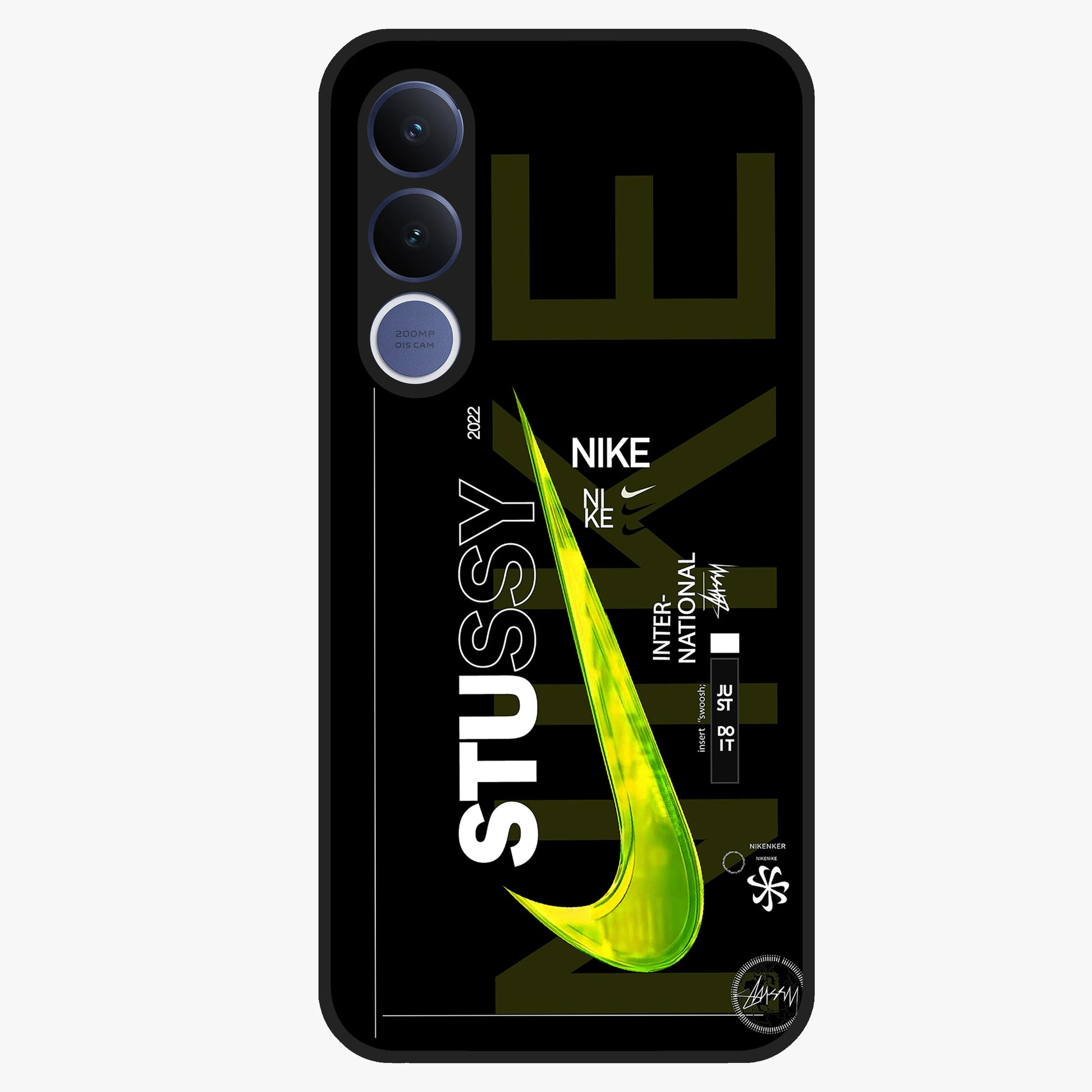 Neon Street Edition Glass Case showing flat back view with neon street style artwork and glossy glass finish.