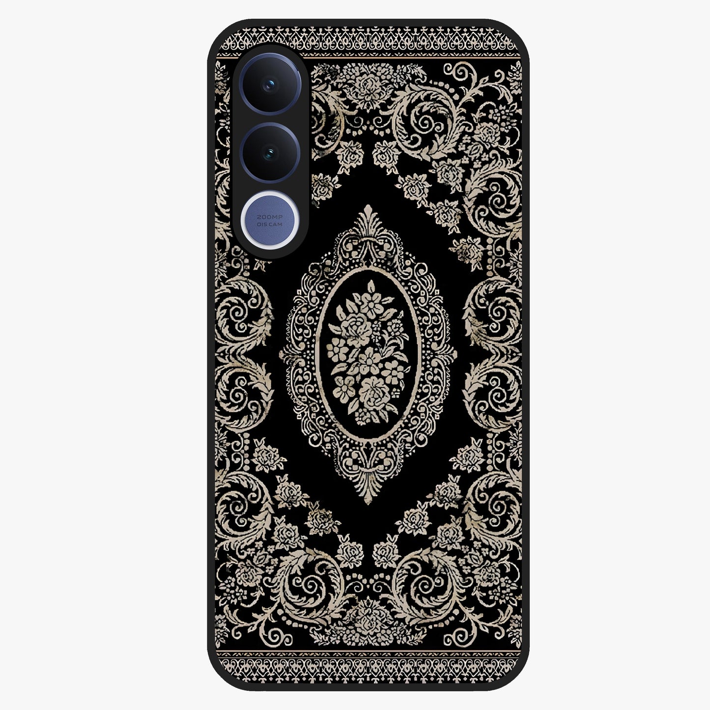 Noir Bloom Elegance Glass Case showing flat back view with elegant dark floral artwork and glossy glass finish.