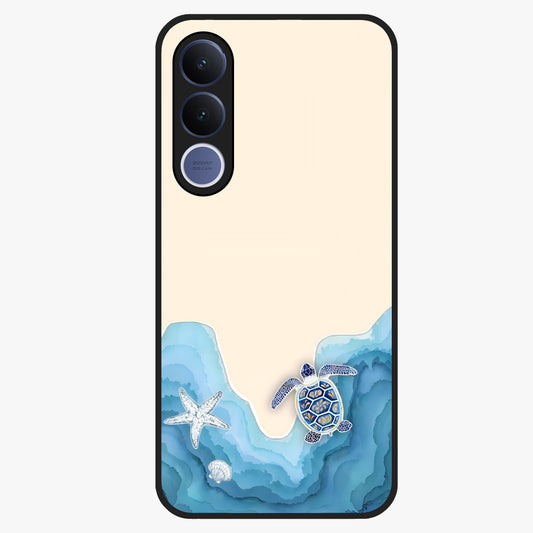 Ocean Drift Turtle Glass Case showing flat back view with sea turtle artwork and glossy glass finish.