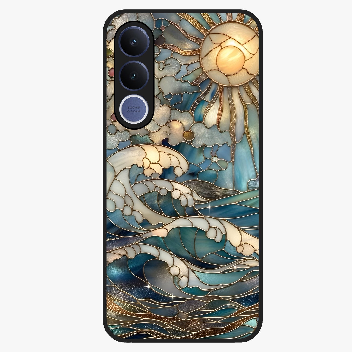 Oceanic Stained Printed Glass Case showing flat back view with ocean inspired stained pattern artwork and glossy glass finish.