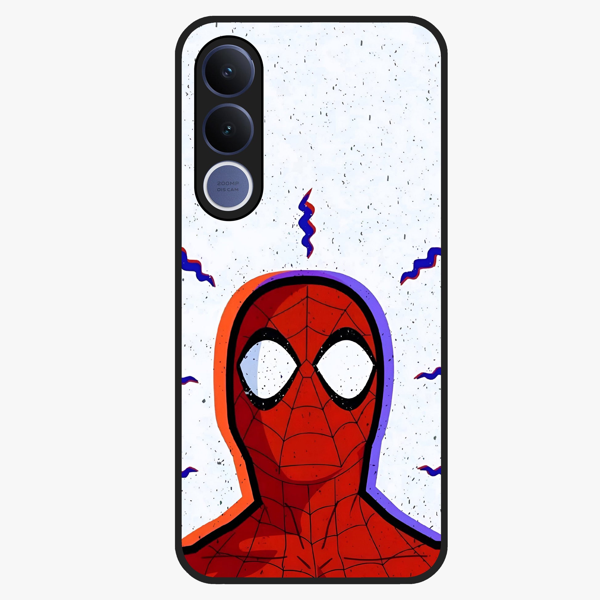 Omg Spiderman Glass Case showing flat back view with bold superhero inspired artwork and glossy glass finish.