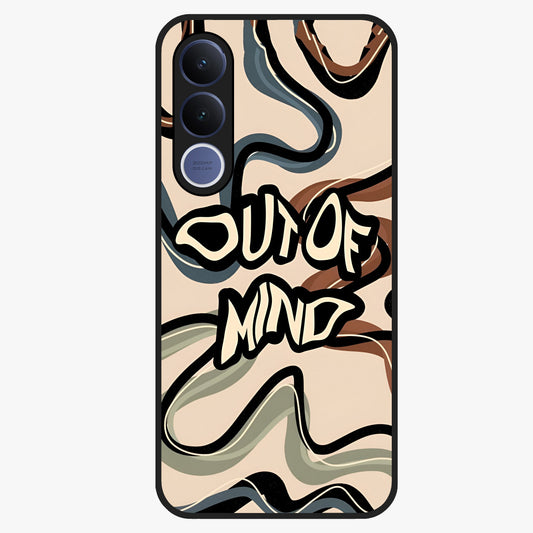 Out Of Mind Glass Case showing flat back view with expressive typography artwork and glossy glass finish.