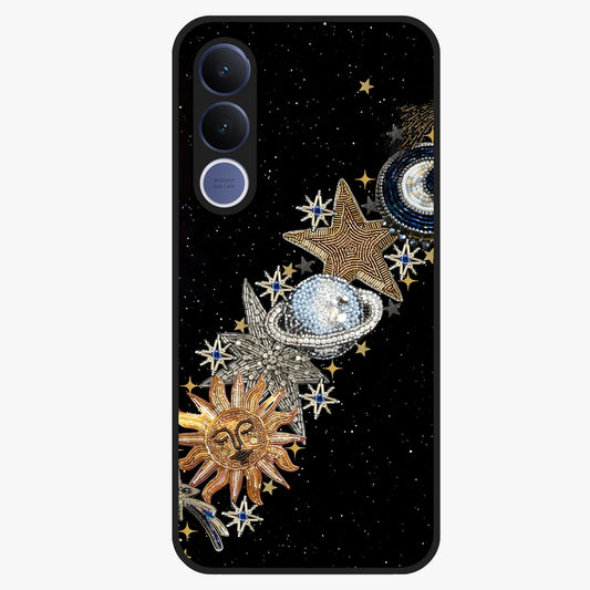 Pearls Universe Object Glass Case showing flat back view with pearl inspired cosmic artwork and glossy glass finish.