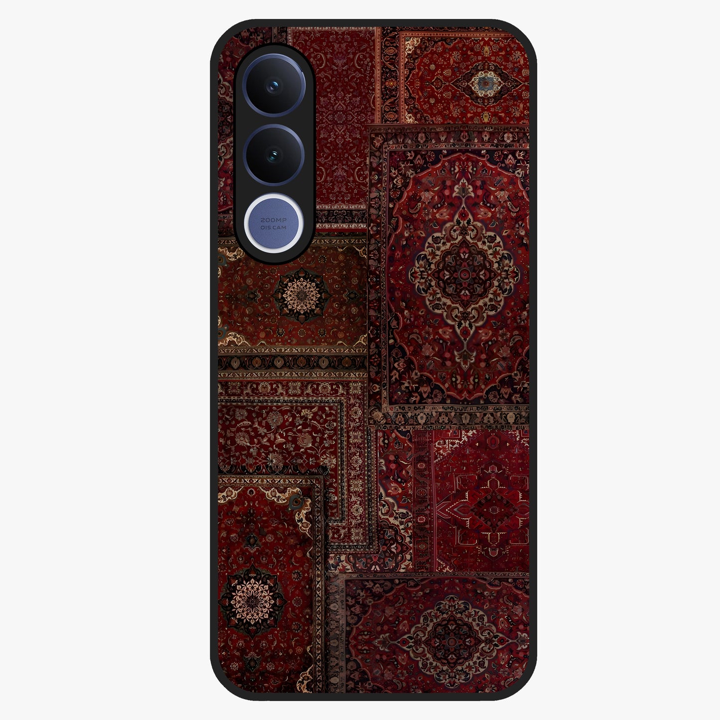 Persian Velvet Tale Glass Case showing flat back view with luxurious Persian velvet pattern artwork and glossy glass finish.