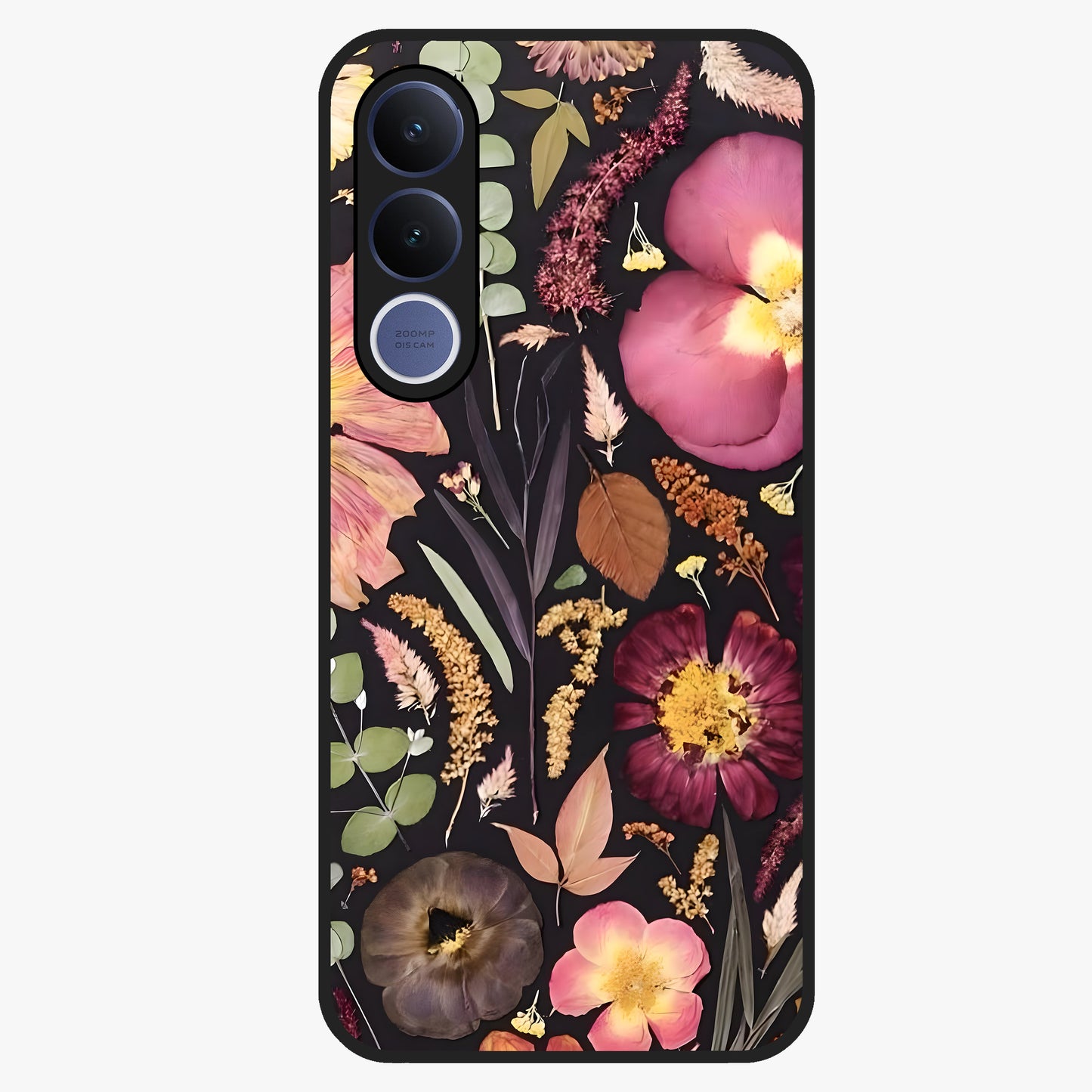 Petal Dream Tapestry Glass Case showing flat back view with intricate floral tapestry artwork and glossy glass finish.