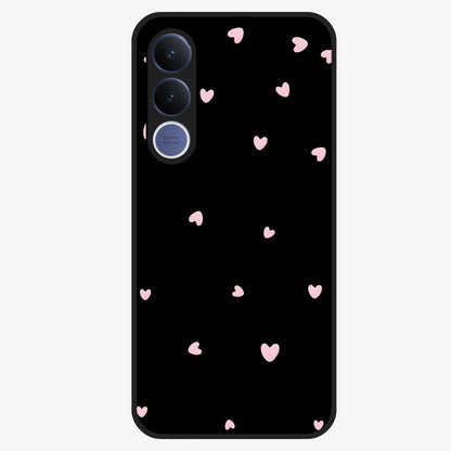 Pink Love Drops Glass Case showing flat back view with playful pink heart drops artwork and glossy glass finish.