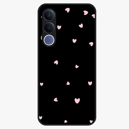 Pink Love Drops Glass Case showing flat back view with playful pink heart drops artwork and glossy glass finish.