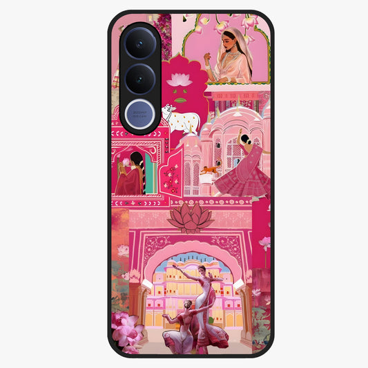 Pink Palace Muse Glass Case showing flat back view with elegant palace inspired artwork and glossy glass finish.