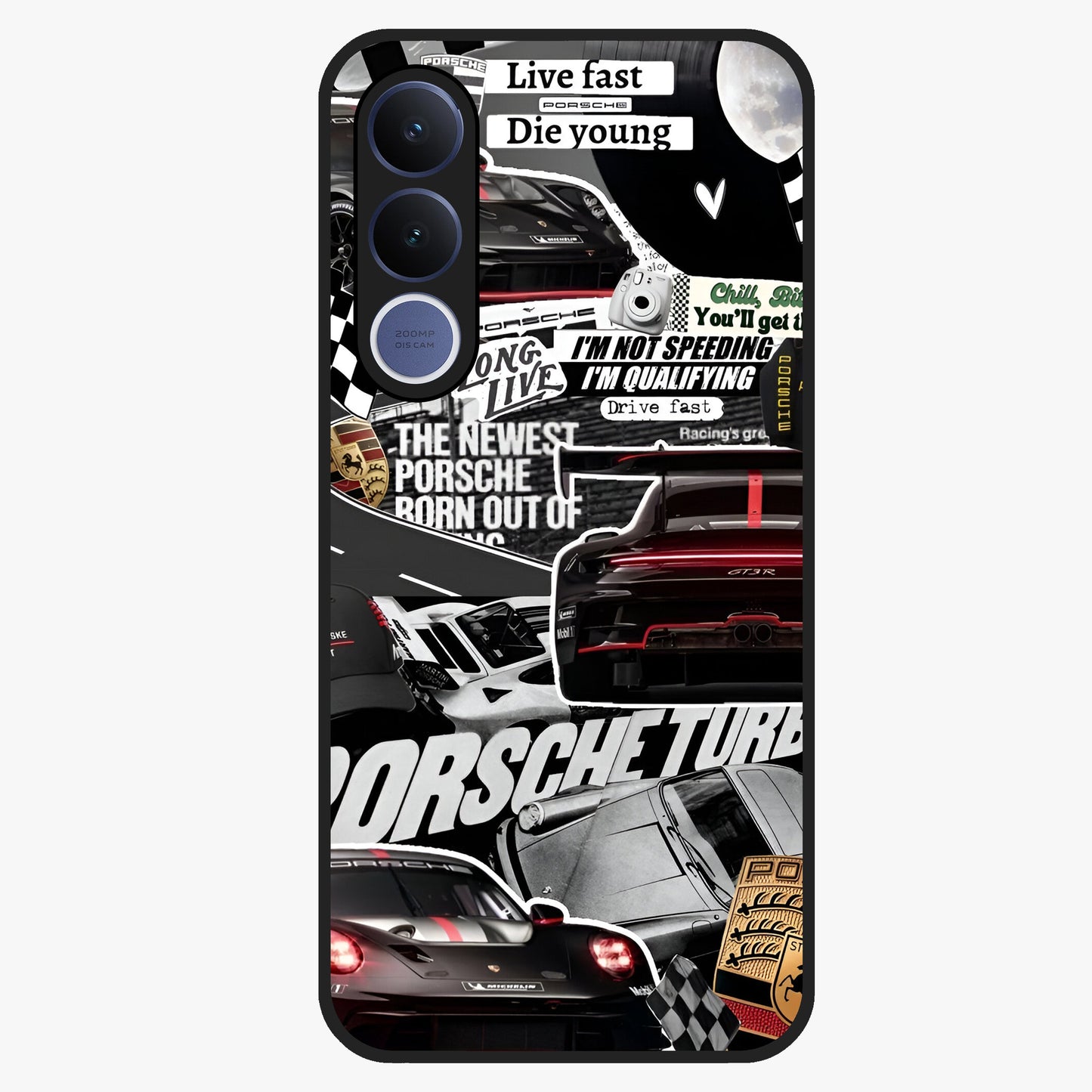 Porsche Racing Collage Glass Case showing flat back view with sports car racing collage artwork and glossy glass finish.